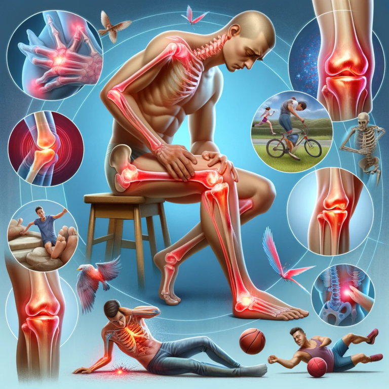 DALL·E 2024-03-19 19.22.32 - An image illustrating the causes of joint pain, such as inflammation due to arthritis, or traumatic injuries caused by excessive exercise or accidents