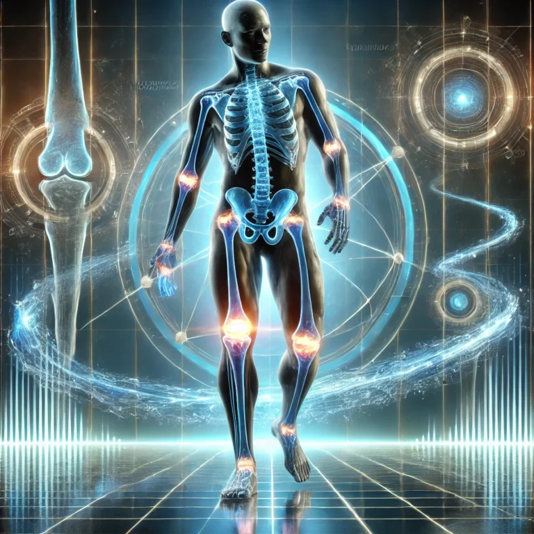 DALL·E 2024-12-17 13.51.32 - A futuristic representation of the benefits of hyaluronic acid for joint health. The scene features a person with glowing, abstract joints that look h